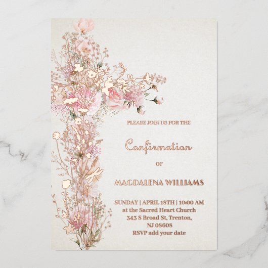 ピンク色の花の聖なる十字架の確認 箔招待状 (正面)
