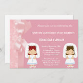 ピンク色の花の聖餐式ツインズ 招待状 (正面/裏面)