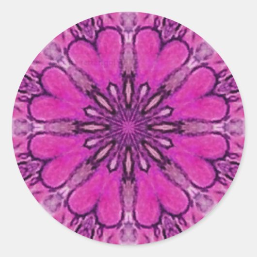 ピンク色の花の花びらと紫の白いハート ラウンドシール (正面)