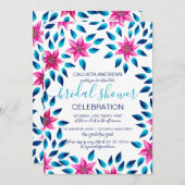 ピンク色の花の葉アクリル絵を描ブライダルシャワー 招待状 (正面/裏面)