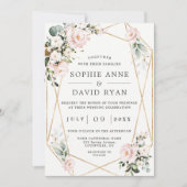 ピンク色の花の金ゴールドのフレーム結婚すべて 招待状 (正面)