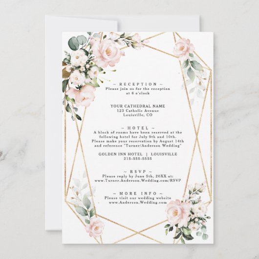 ピンク色の花の金ゴールドのフレーム結婚すべて 招待状 (裏面)