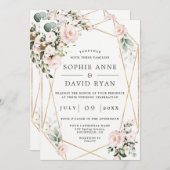 ピンク色の花の金ゴールドのフレーム結婚すべて 招待状 (正面/裏面)