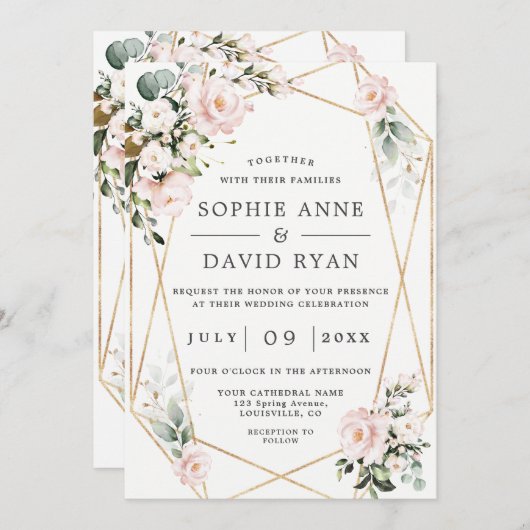 ピンク色の花の金ゴールドのフレーム結婚すべて 招待状 (正面/裏面)