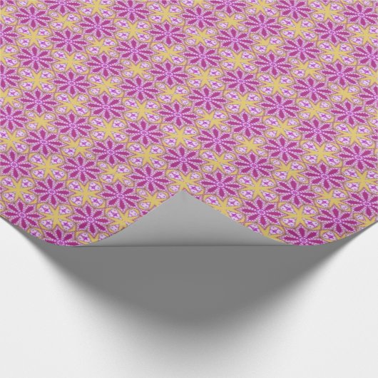 ピンク色の花の黄色い星パタガーリーーンのギフトペーパー ラッピングペーパー (角)