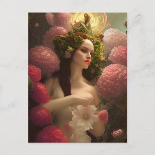 ピンク色の花はがき内の女性 ポストカード (正面)