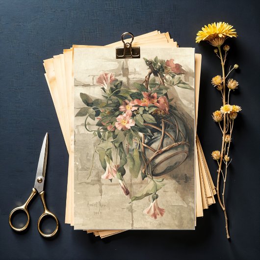 ピンク色の花ぶら下がったが花瓶に入ったデコページ 薄葉紙