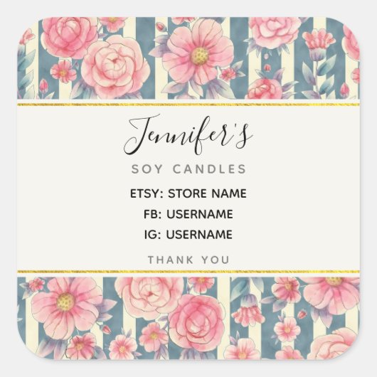 ピンク色の花をビジネスにストライプおける スクエアシール (正面)