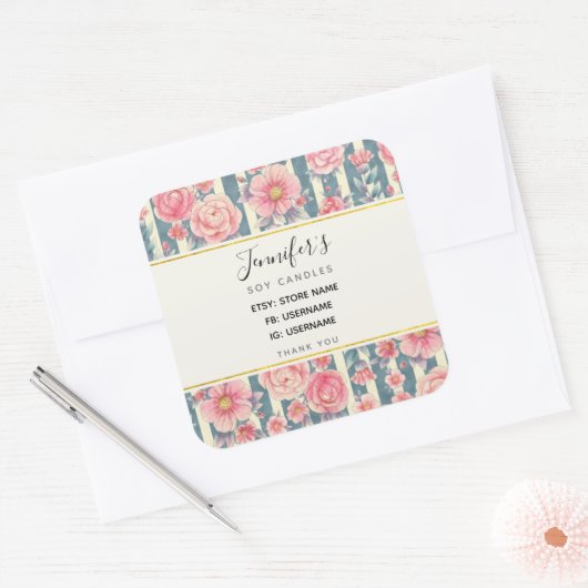 ピンク色の花をビジネスにストライプおける スクエアシール (封筒)