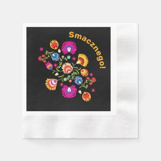 ピンク色の花を使ったカスタマイズ可能なポーランドの民間伝承 縁ありカクテルナプキン (正面)
