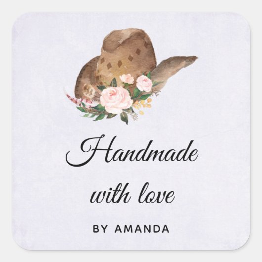 ピンク色の花を使った女性のカーボーイハットで手作り スクエアシール (正面)