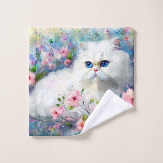 ピンク色の花を咲かせた白いペルシャの猫ネコの瞳 ウォッシュタオル (ウォッシュタオル)