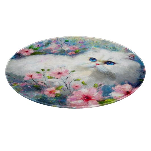 ピンク色の花を咲かせた白いペルシャの猫ネコの瞳 カッティングボード (角)