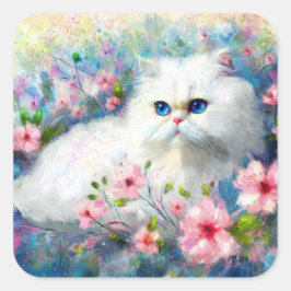 ピンク色の花を咲かせた白いペルシャの猫ネコの瞳 スクエアシール