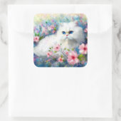 ピンク色の花を咲かせた白いペルシャの猫ネコの瞳 スクエアシール (バッグ)