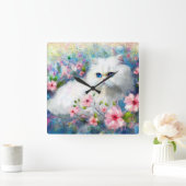 ピンク色の花を咲かせた白いペルシャの猫ネコの瞳 スクエア壁時計 (ホーム)