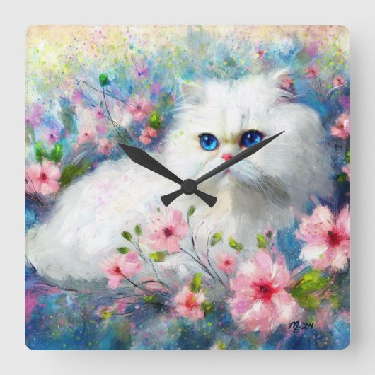 ピンク色の花を咲かせた白いペルシャの猫ネコの瞳 スクエア壁時計 (正面)