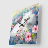 ピンク色の花を咲かせた白いペルシャの猫ネコの瞳 スクエア壁時計 (傾斜)