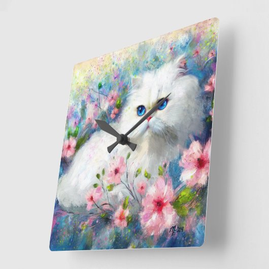 ピンク色の花を咲かせた白いペルシャの猫ネコの瞳 スクエア壁時計 (傾斜)
