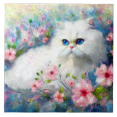 ピンク色の花を咲かせた白いペルシャの猫ネコの瞳 タイル (正面)
