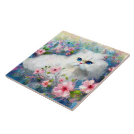 ピンク色の花を咲かせた白いペルシャの猫ネコの瞳 タイル