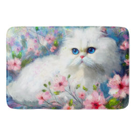 ピンク色の花を咲かせた白いペルシャの猫ネコの瞳 バスマット