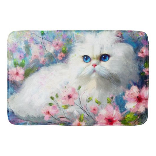 ピンク色の花を咲かせた白いペルシャの猫ネコの瞳 バスマット (正面)