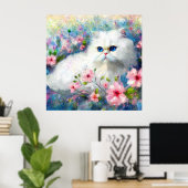 ピンク色の花を咲かせた白いペルシャの猫ネコの瞳 ポスター (ホームオフィス)