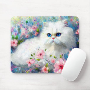 ピンク色の花を咲かせた白いペルシャの猫ネコの瞳 マウスパッド