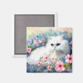 ピンク色の花を咲かせた白いペルシャの猫ネコの瞳 マグネット (正面/裏面)