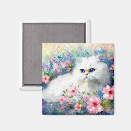 ピンク色の花を咲かせた白いペルシャの猫ネコの瞳 マグネット (正面/裏面)