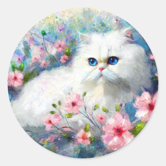 ピンク色の花を咲かせた白いペルシャの猫ネコの瞳 ラウンドシール (正面)