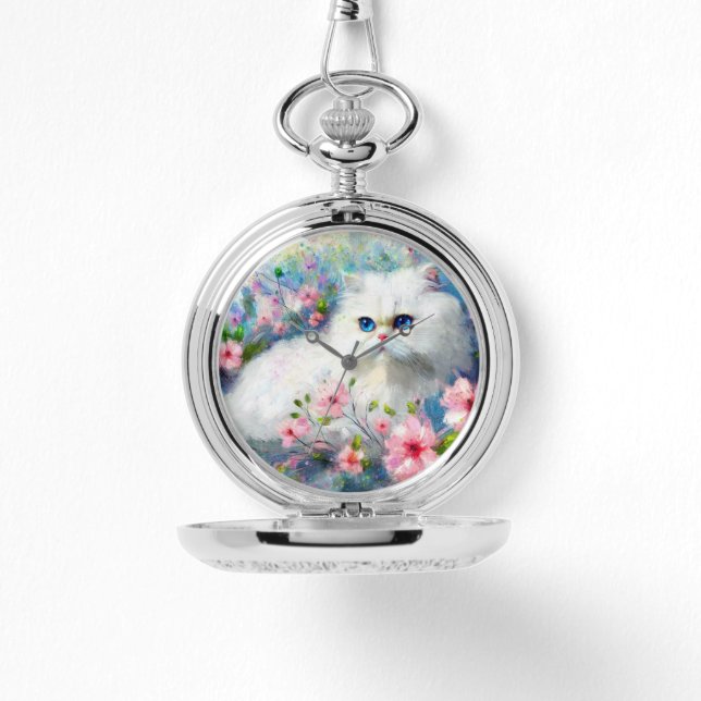 ピンク色の花を咲かせた白いペルシャの猫ネコの瞳 腕時計 (正面)