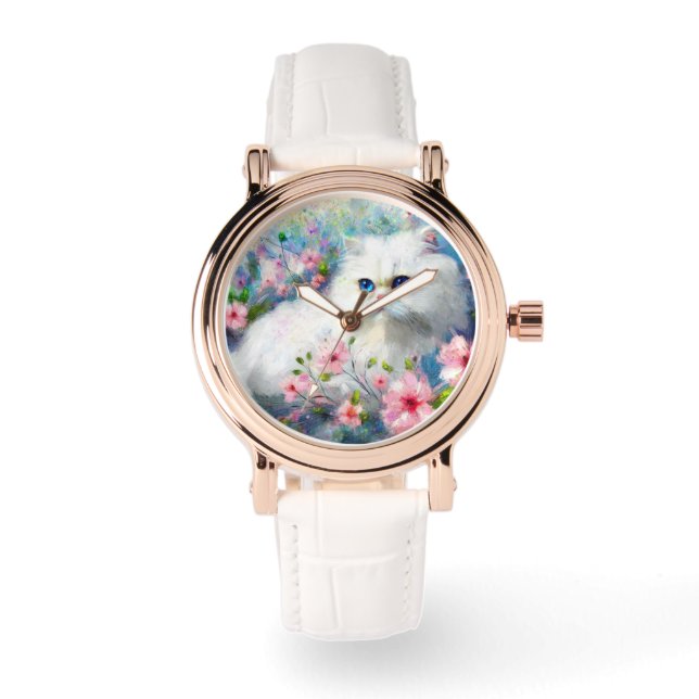 ピンク色の花を咲かせた白いペルシャの猫ネコの瞳 腕時計 (正面)