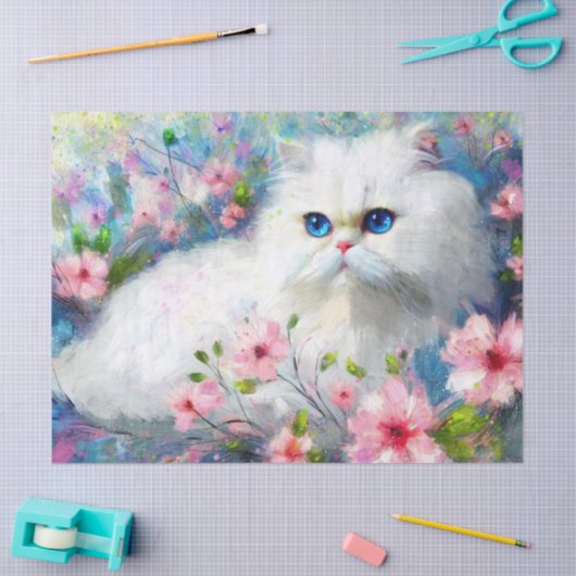 ピンク色の花を咲かせた白いペルシャの猫ネコの瞳 薄葉紙 (クラフト)