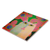 ピンク色の花を咲かせた白い猫の抽象芸術 タイル (側面)