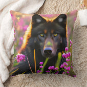 ピンク色の花を咲かせた黒い狼 クッション (ブランケット)