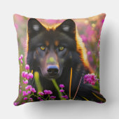 ピンク色の花を咲かせた黒い狼 クッション (裏面)
