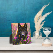 ピンク色の花を咲かせた黒い狼 フォトプラーク (インサイチュ)