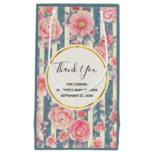 ピンク色の花を咲かせるストライプありがとう スモールペーパーバッグ (正面)