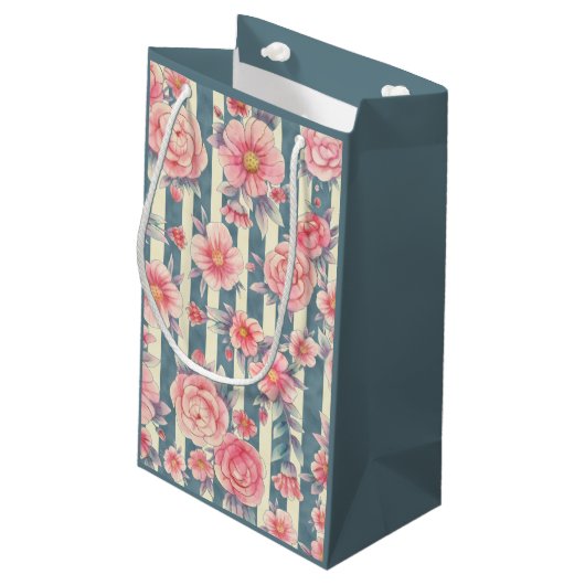 ピンク色の花を咲かせるストライプありがとう スモールペーパーバッグ (裏面アングル)