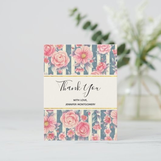 ピンク色の花を咲かせるストライプありがとう ポストカード (スタンド正面)