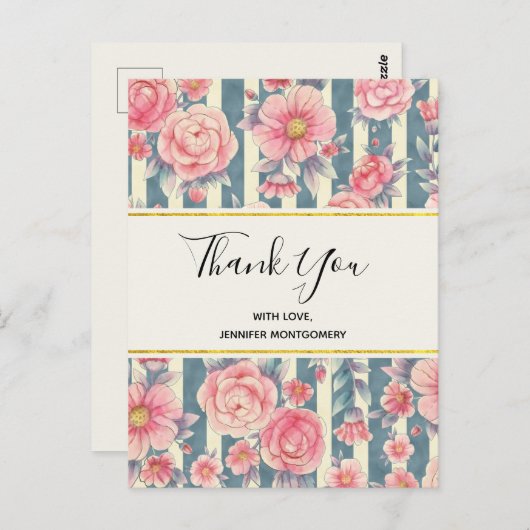 ピンク色の花を咲かせるストライプありがとう ポストカード (正面/裏面)