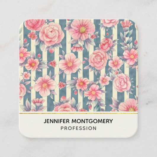 ピンク色の花を咲かせるストライプスクウェア・ビジネス スクエア名刺 (正面)