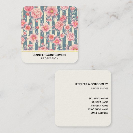 ピンク色の花を咲かせるストライプスクウェア・ビジネス スクエア名刺 (正面/裏面)