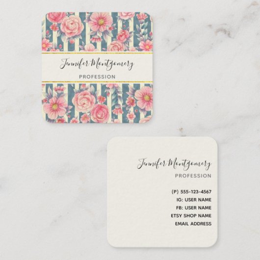 ピンク色の花を咲かせるストライプスクエアビジネス スクエア名刺 (正面/裏面)