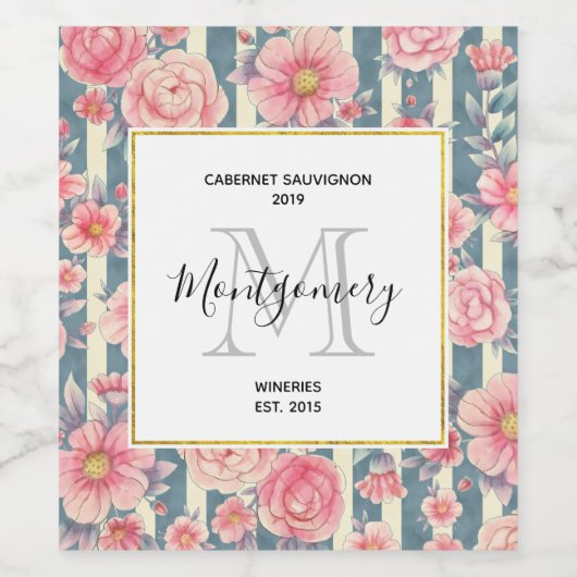 ピンク色の花を咲かせるストライプワインメイキング ワインラベル (シングルラベル)