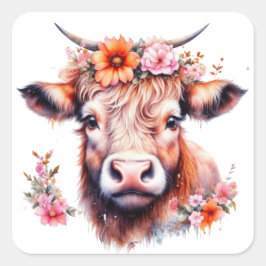 ピンク色の花を持つハイランド牛 スクエアシール