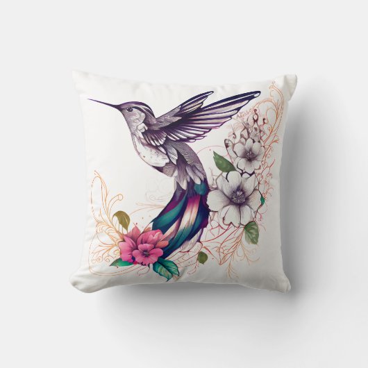 ピンク色の花を持つハミングバード装飾用クッション クッション (正面)