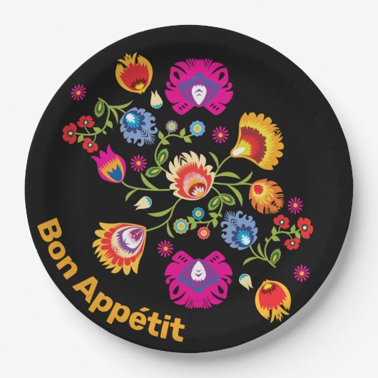 ピンク色の花を持つポーランドの民間伝承 ペーパープレート (正面)